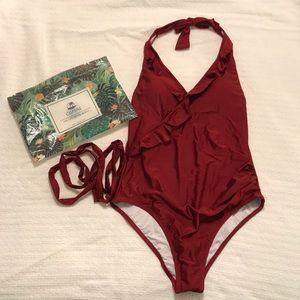 Cupshe On a Whim Falbala 1 piece halter, wine red.